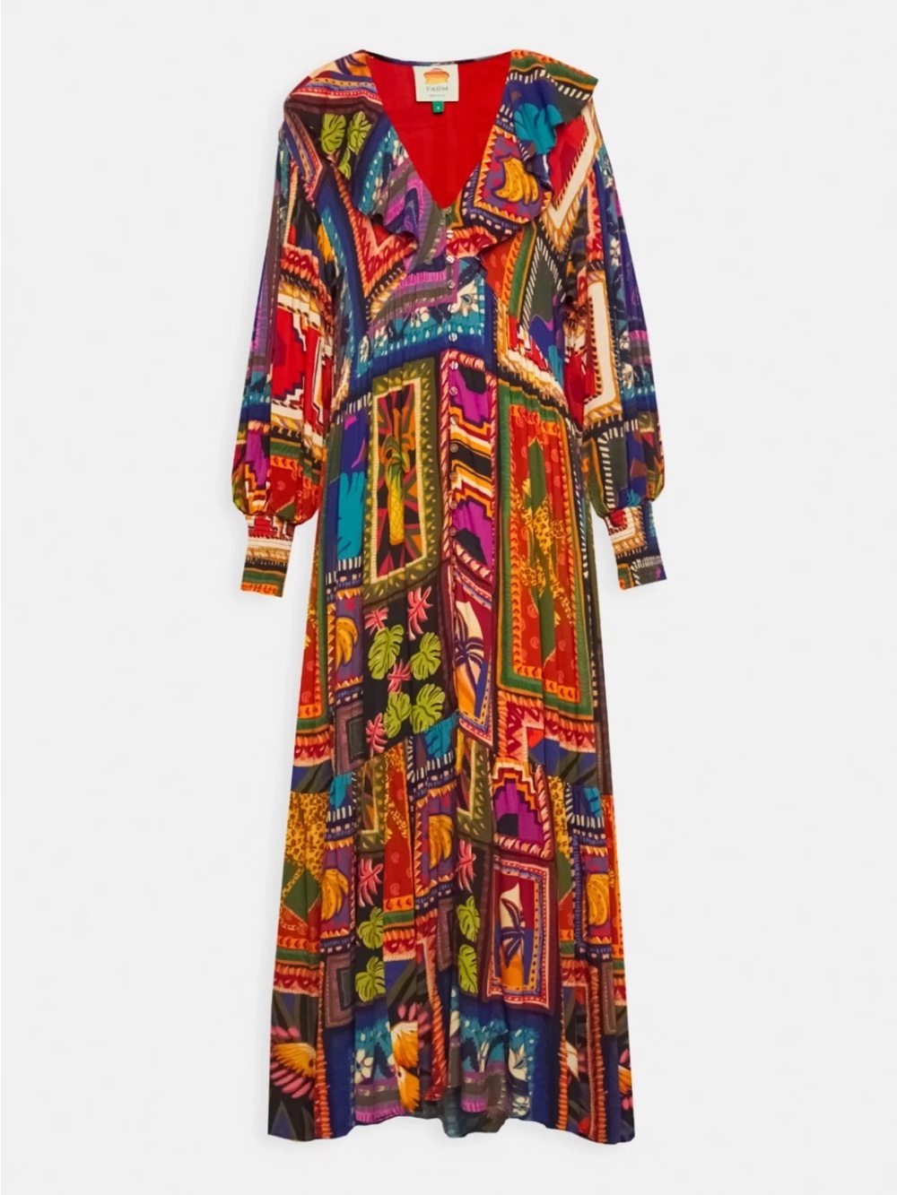 Farm Rio Patchwork Tapestry Ankle Maxi Dress Size L Ruffle Boho - Picture 5 of 16